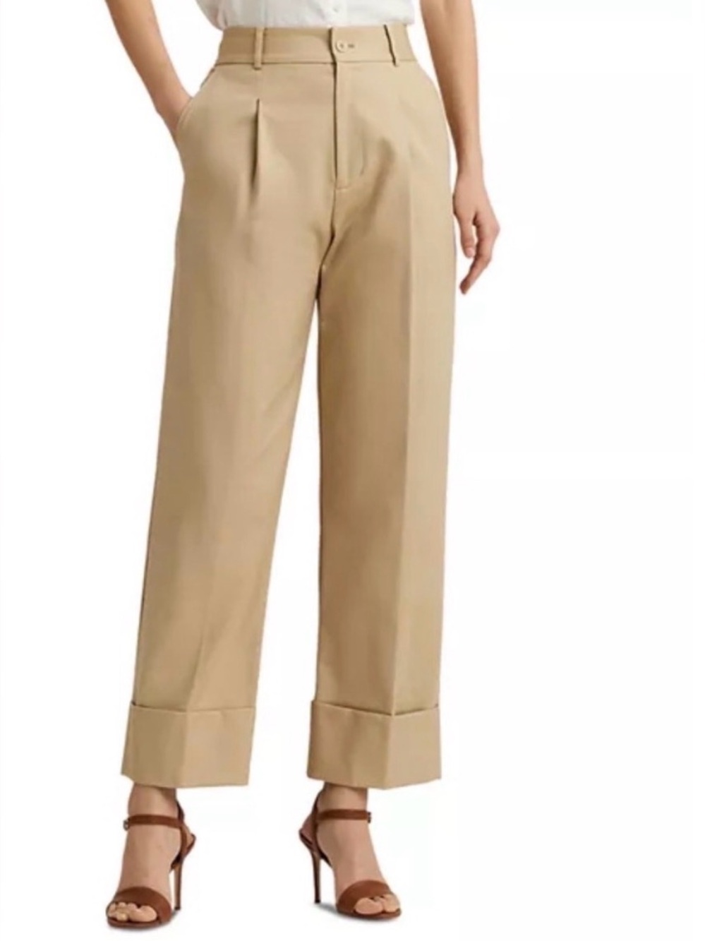 LAUREN RALPH LAUREN TAN WIDE LEG FLOWY CUFFED TROUSERS Plus SZ 18W